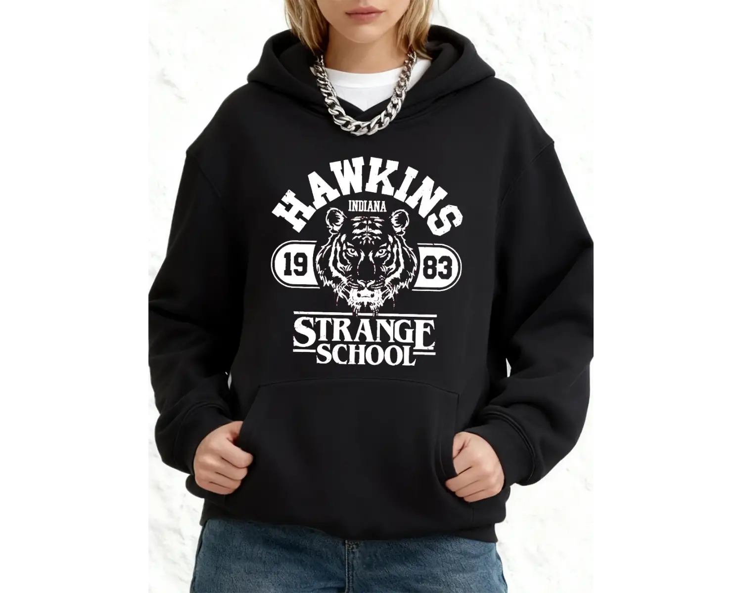 Hawkins Strange School Baskılı Kapüşonlu Üstler Pamuklu Kadın Bol Cepli Kazak Kışlık Polar Sı