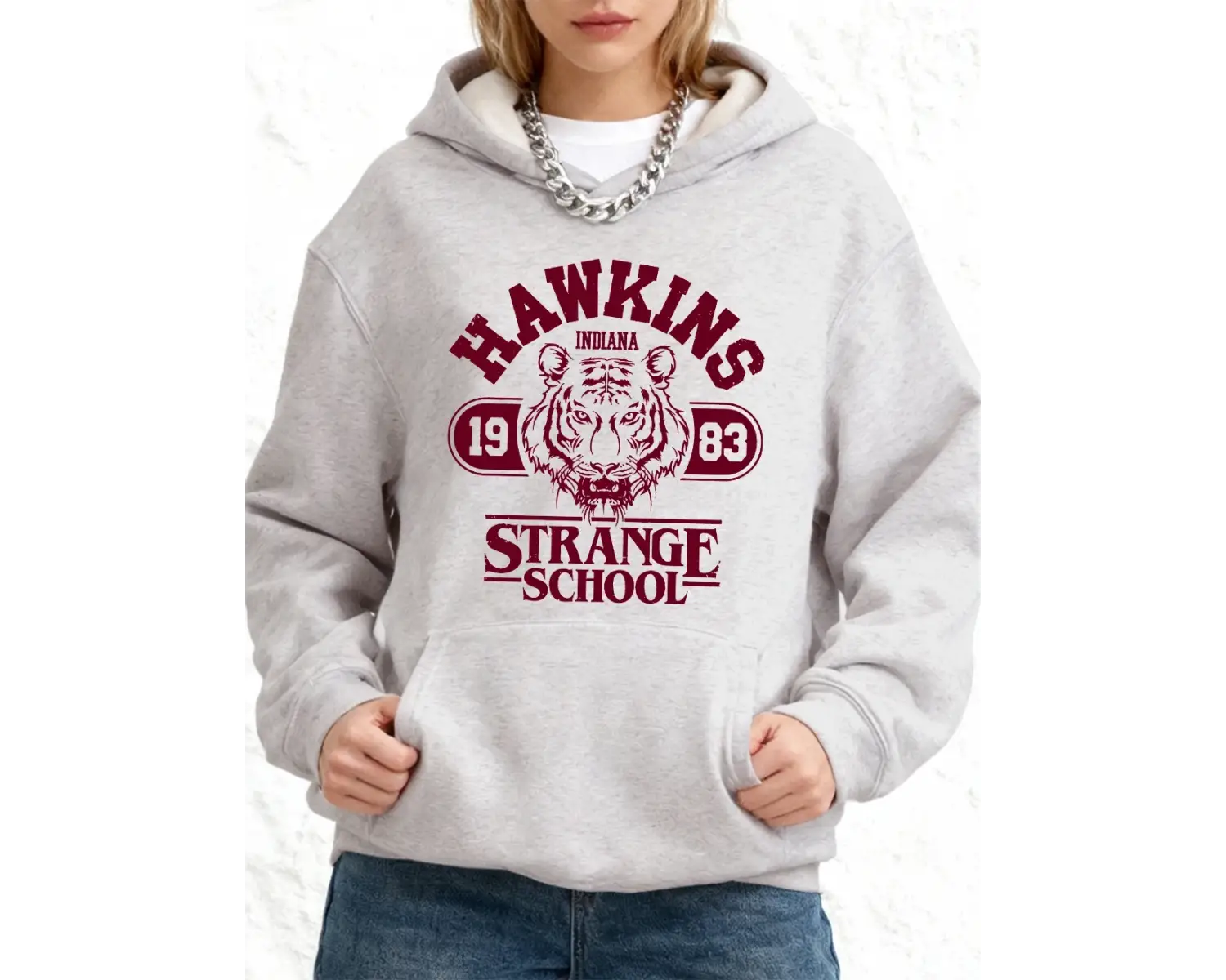 Hawkins Strange School Baskılı Kapüşonlu Üstler Pamuklu Kadın Bol Cepli Kazak Kışlık Polar Sı