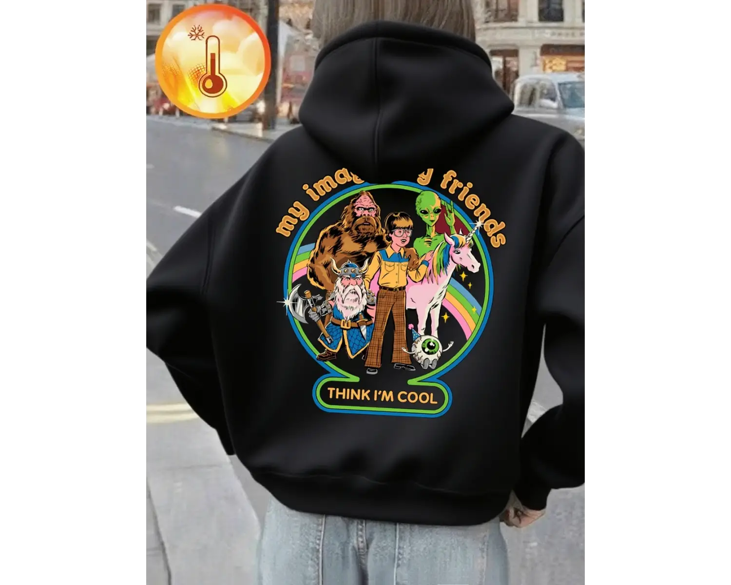 Hayali Arkadaşlarım Baskılı Kapüşonlu Üst Kadın Günlük Cepli Sweatshirt Kışlık Polar Sıcak Ka