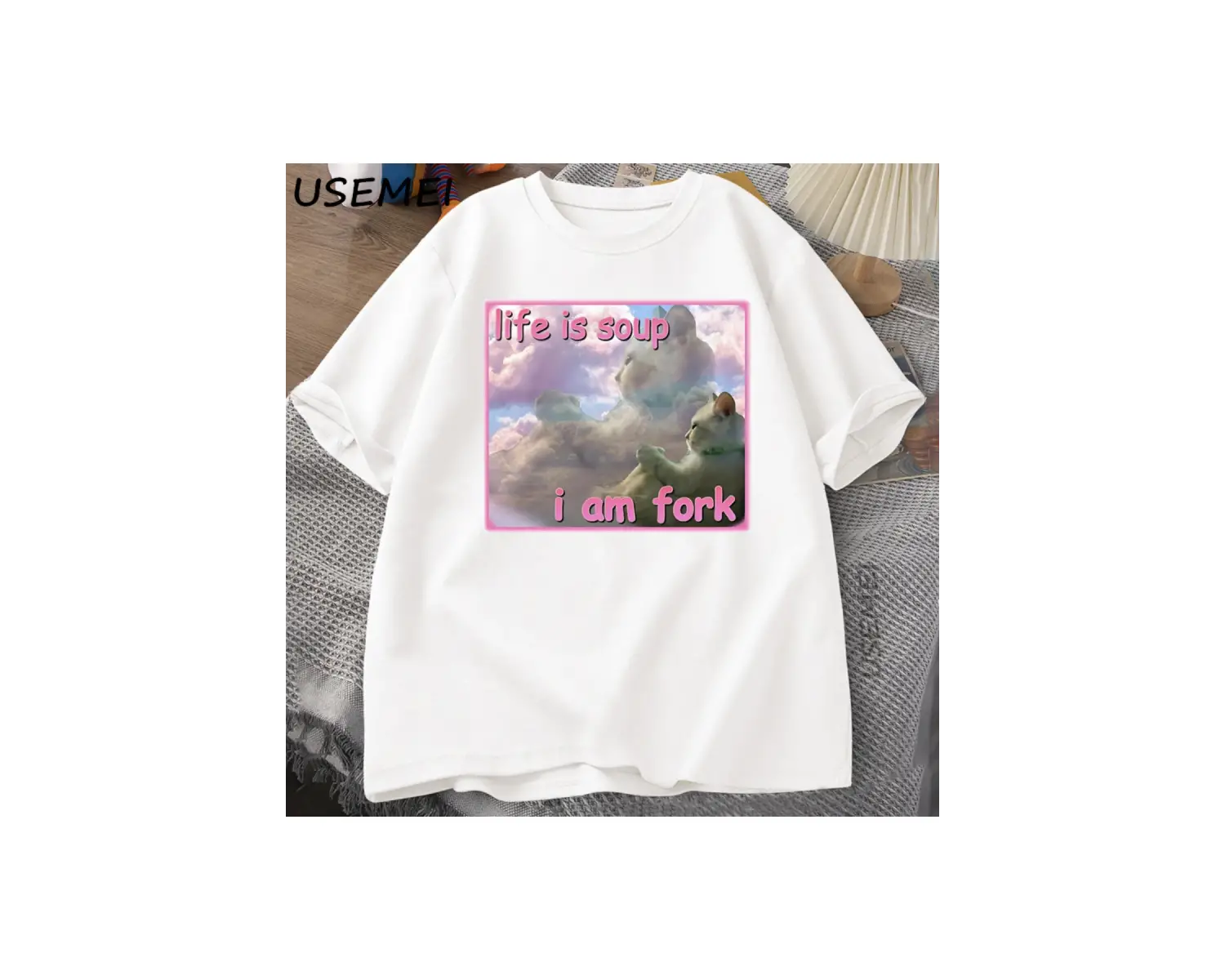 Hayat Çorba Ben Çatal T Shirt Erkekler Kadınlar için Komik Kedi Baskılı T-shirt Çirkin Aptal 2945