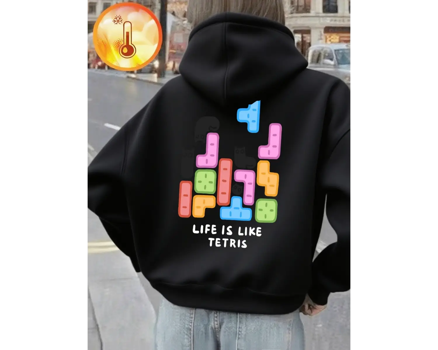 Hayat Tetris Gibi Baskılı Kapüşonlular Kadınlar Kışlık Polar Sıcak Sweatshirtler Rahat Günlük