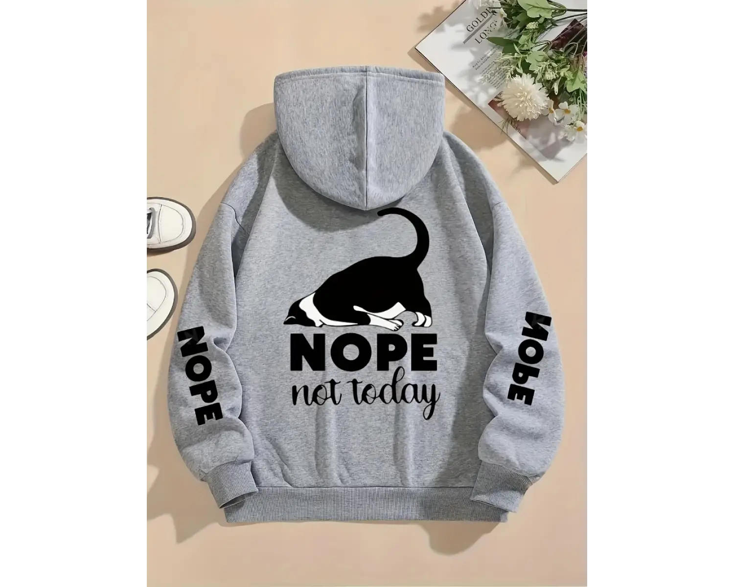 Hayır Bugün Değil Baskılar Kapüşonlular Bayan Sevimli Kedi Kazaklar Gevşek Cep Sıcak Polar Ti