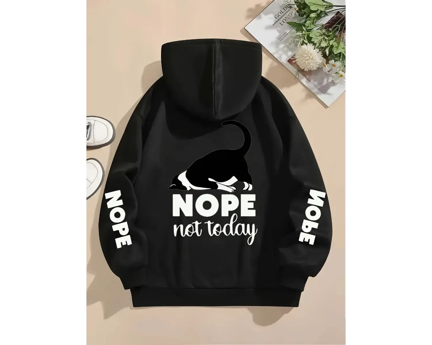 Hayır Bugün Değil Baskılar Kapüşonlular Bayan Sevimli Kedi Kazaklar Gevşek Cep Sıcak Polar Ti