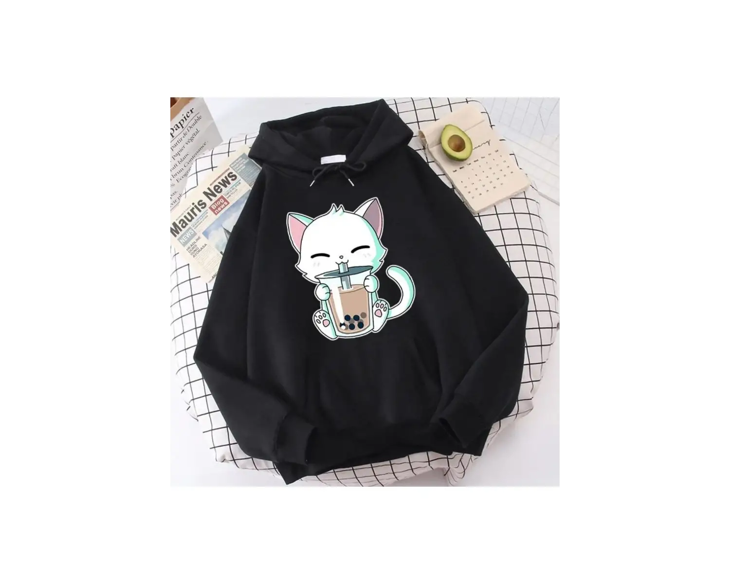 Hayvanlar Boba Çayı Hoodies Sevimli Kedi Kapşonlu 15109 Siyah