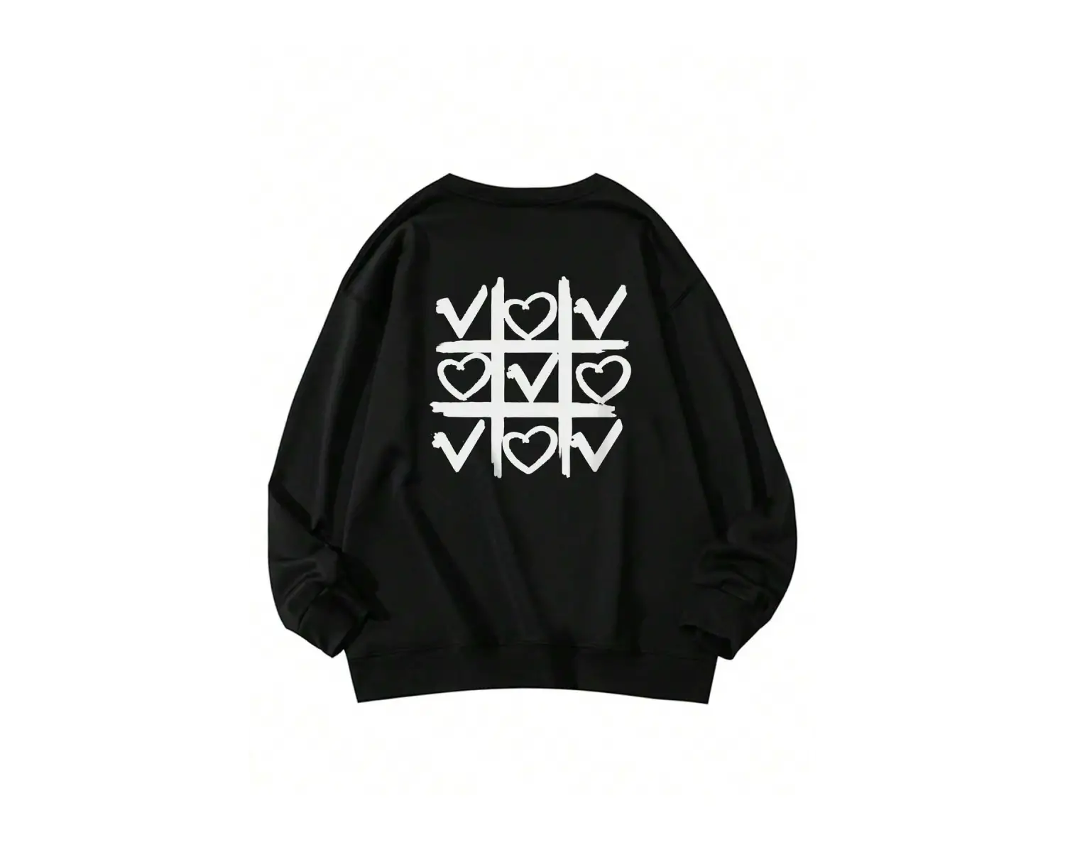 Heart Pattern Drop Shoulder Pullover Siyah