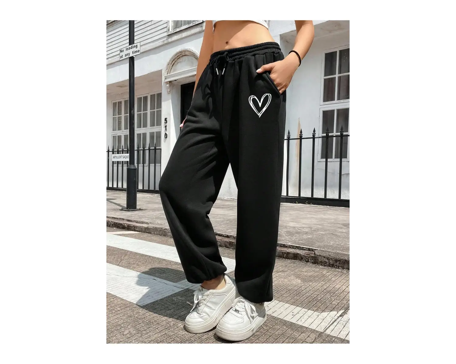 Heart Print Drawstring Waist 4 Mevsim Eşofman