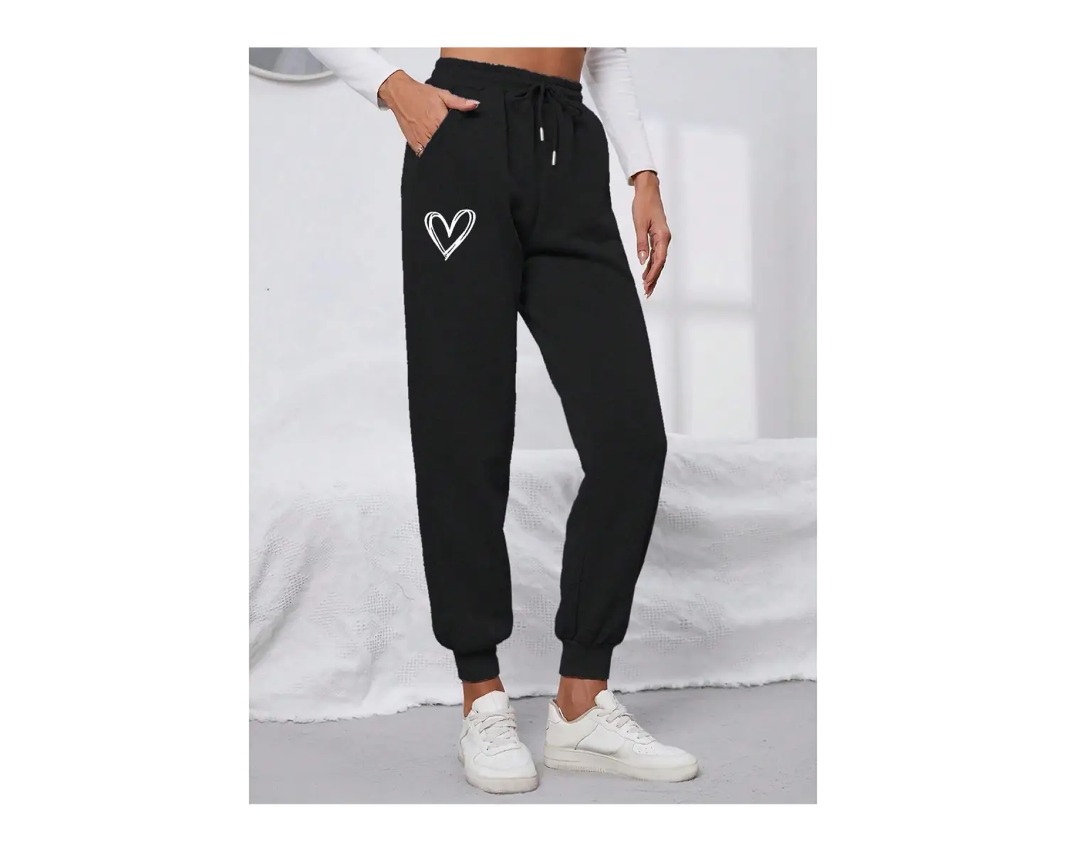 Heart Print Drawstring Waist 4 Mevsim Eşofman