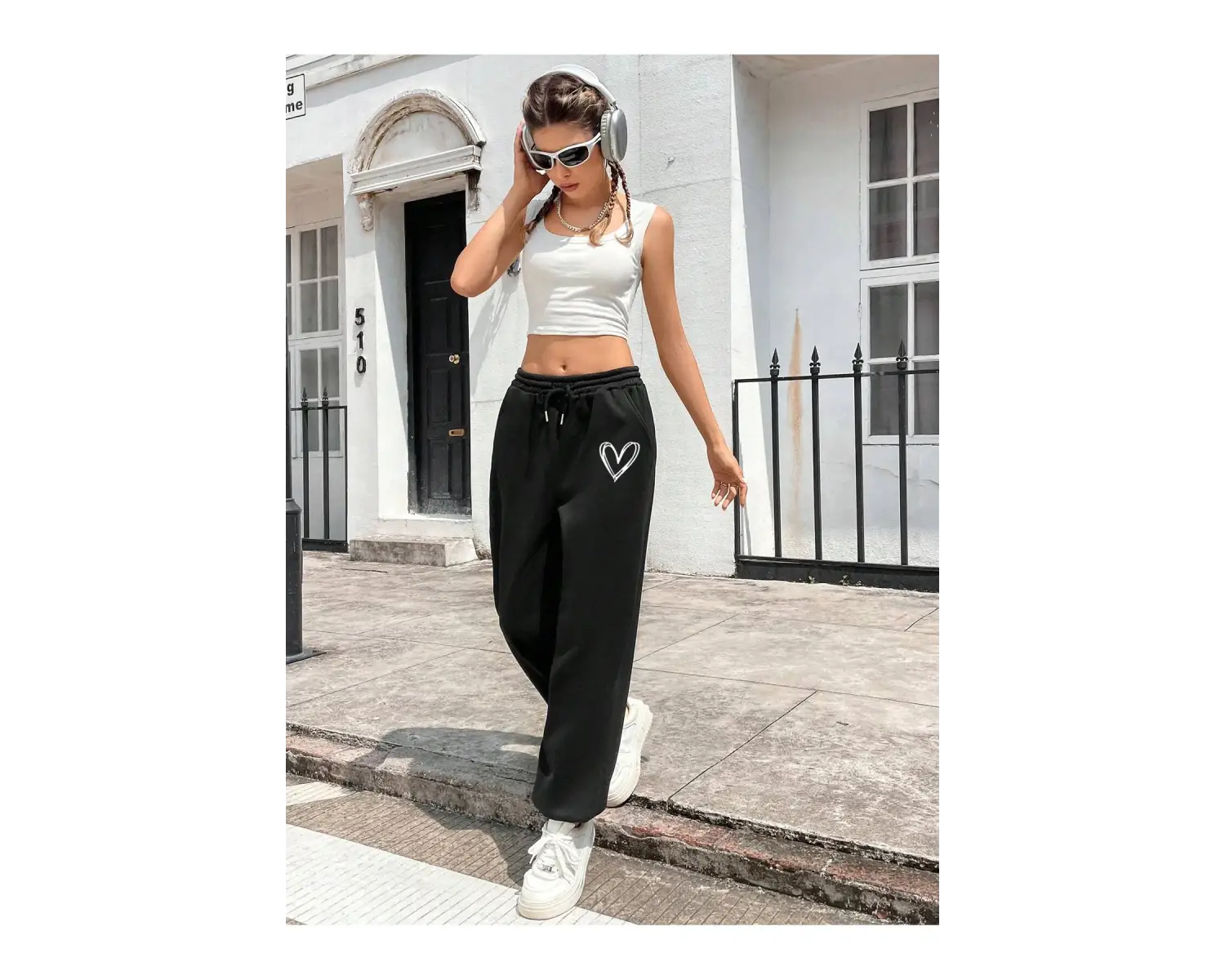 Heart Print Drawstring Waist 4 Mevsim Eşofman