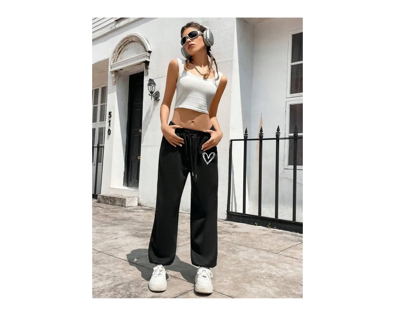 Heart Print Drawstring Waist 4 Mevsim Eşofman