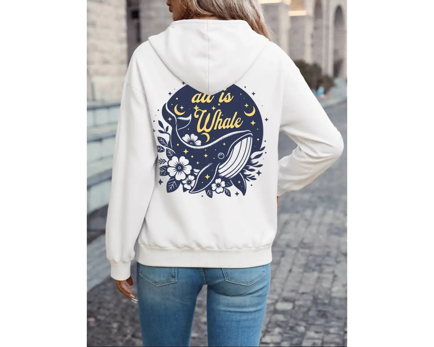 Hepsi Balina Sanat Tasarımı Baskılı Kapüşonlu Üstler Kadın Temel Cep Kazaklar Polar Sıcak Yum