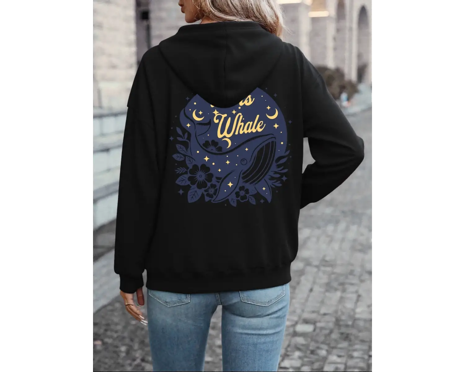 Hepsi Balina Sanat Tasarımı Baskılı Kapüşonlu Üstler Kadın Temel Cep Kazaklar Polar Sıcak Yum