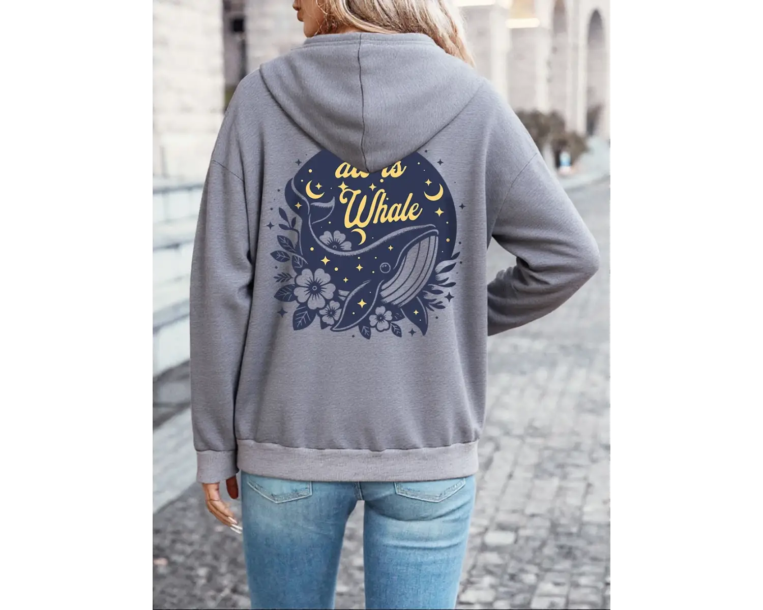 Hepsi Balina Sanat Tasarımı Baskılı Kapüşonlu Üstler Kadın Temel Cep Kazaklar Polar Sıcak Yum