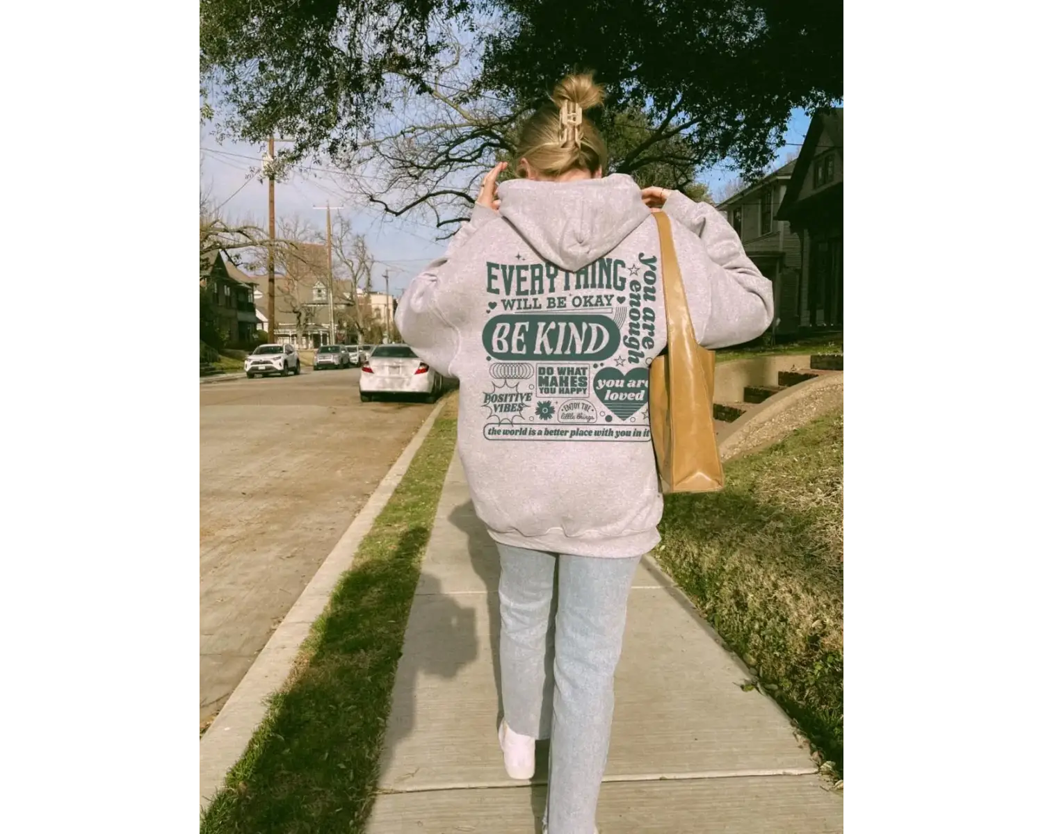 Her Şey Tamam Olacak Yeşil Kalp Çizim Tasarım Kadın Giyim Trendy Yeni Kapşonlu Rahat Cep Spor