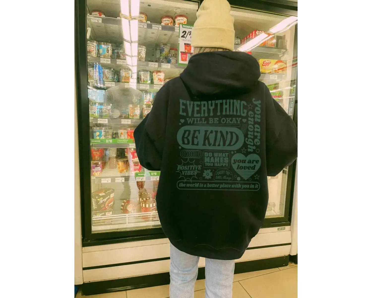 Her Şey Tamam Olacak Yeşil Kalp Çizim Tasarım Kadın Giyim Trendy Yeni Kapşonlu Rahat Cep Spor