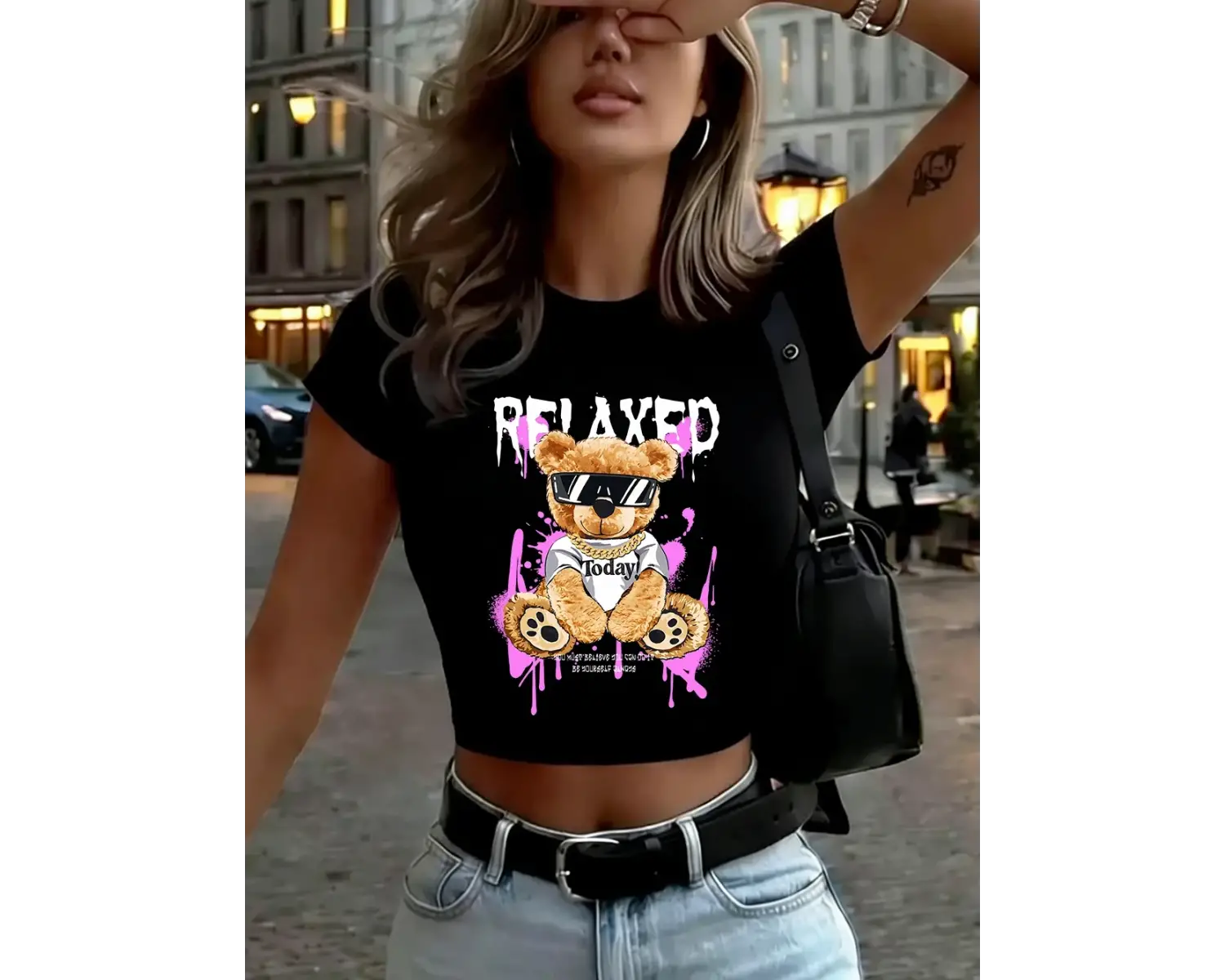 Her Zaman Havalı Kalın Ayı Baskılı Kadın Babby Teeları Yazlık Dar Kesim O-Yaka Tişörtler Yumuş