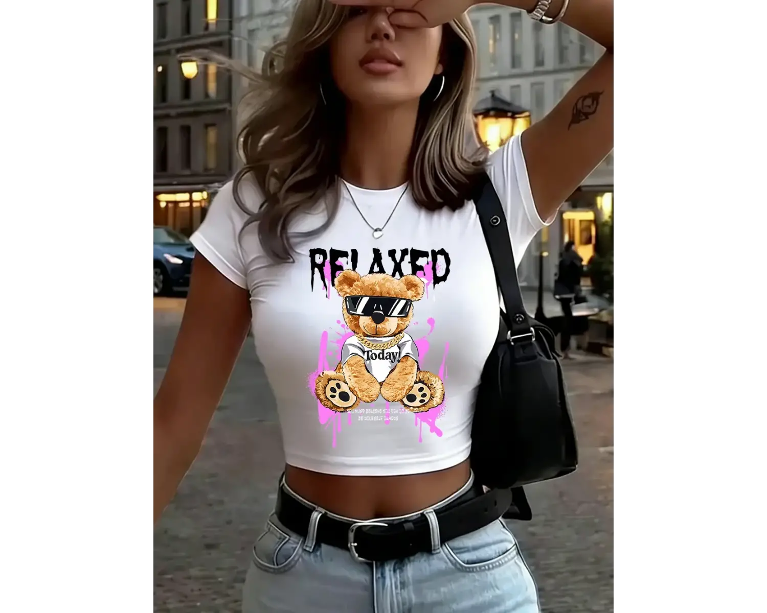 Her Zaman Havalı Kalın Ayı Baskılı Kadın Babby Teeları Yazlık Dar Kesim O-Yaka Tişörtler Yumuş