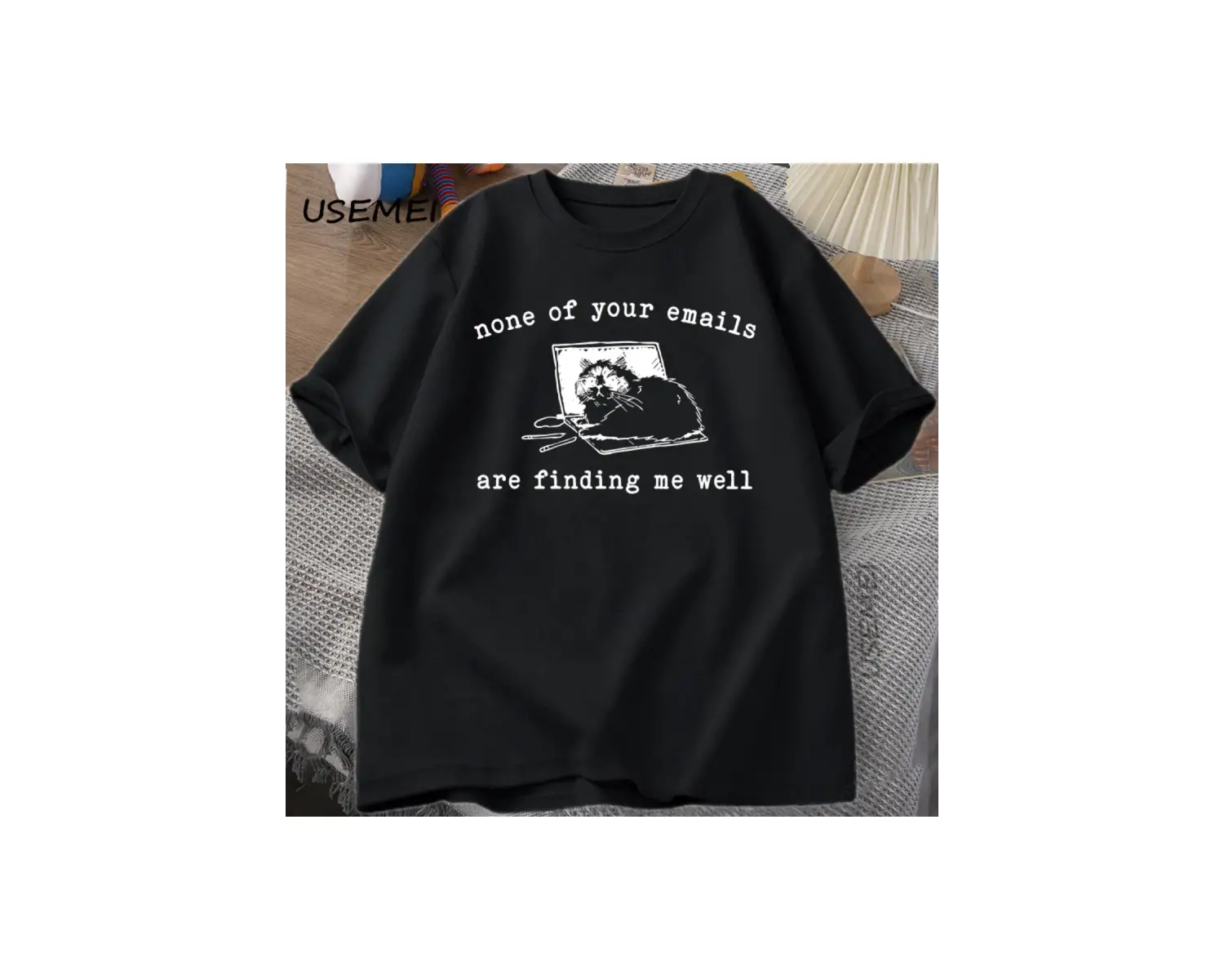 Hiçbiri E-postalar Beni İyi Buluyor T-Shirt Komik Kedi Ofis Çalışma Tişörtleri Pamuk Kısa Kol 2880