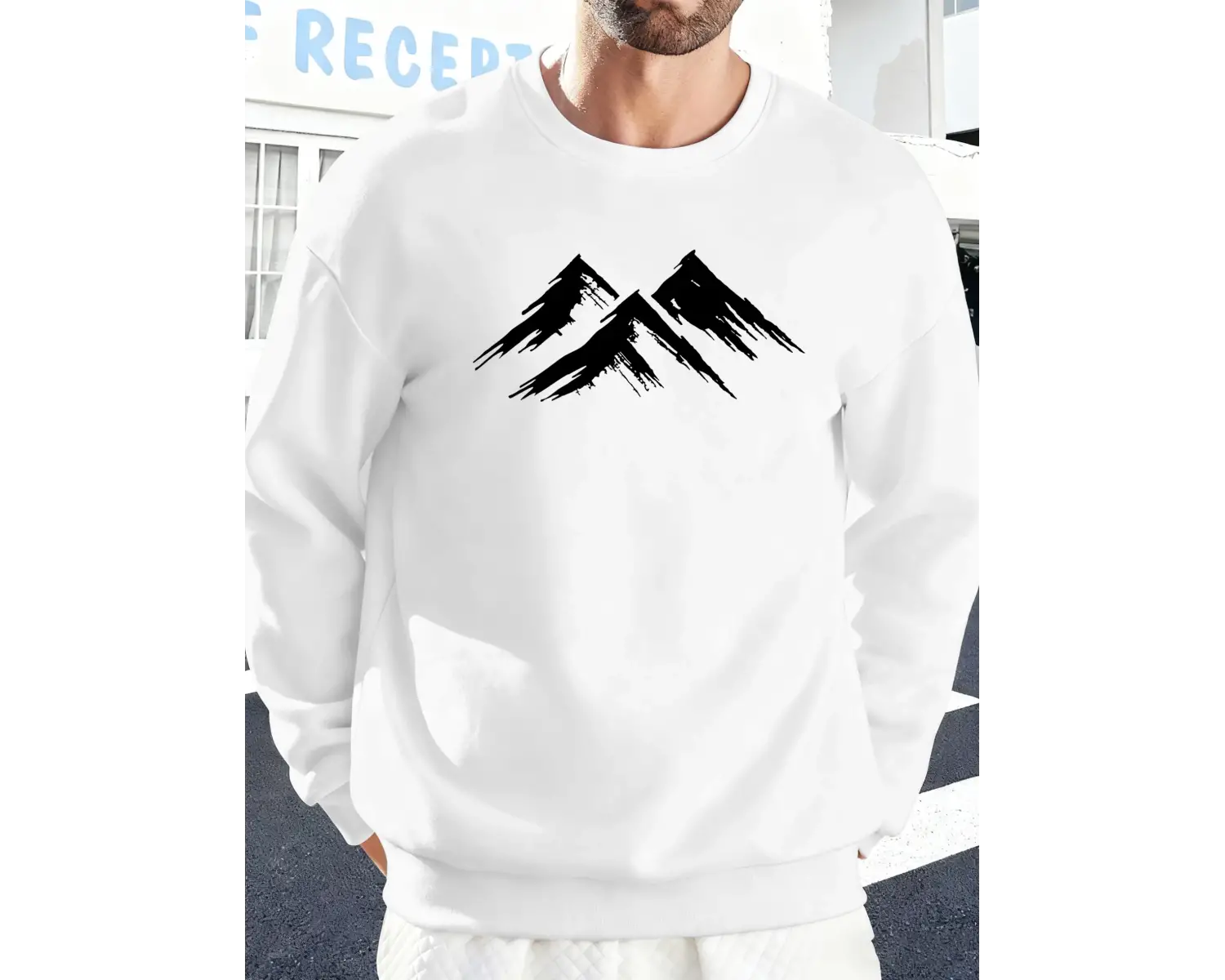 Hill Sketch Baskılı Sonbahar Polar Sokak Giyim Çiftler İçin Yuvarlak Yaka Yumuşak Kazak Her Ş