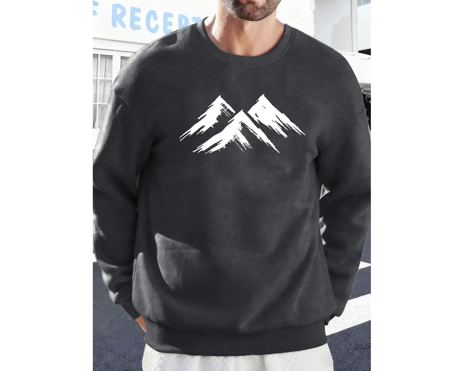 Hill Sketch Baskılı Sonbahar Polar Sokak Giyim Çiftler İçin Yuvarlak Yaka Yumuşak Kazak Her Ş