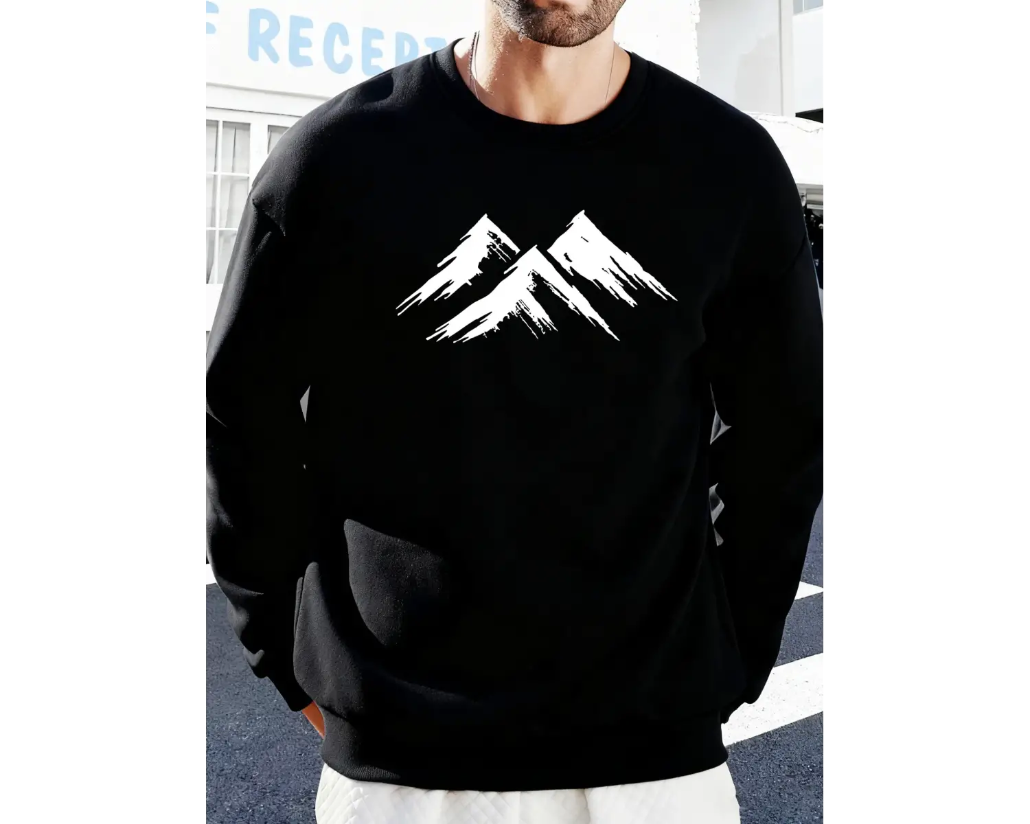 Hill Sketch Baskılı Sonbahar Polar Sokak Giyim Çiftler İçin Yuvarlak Yaka Yumuşak Kazak Her Ş