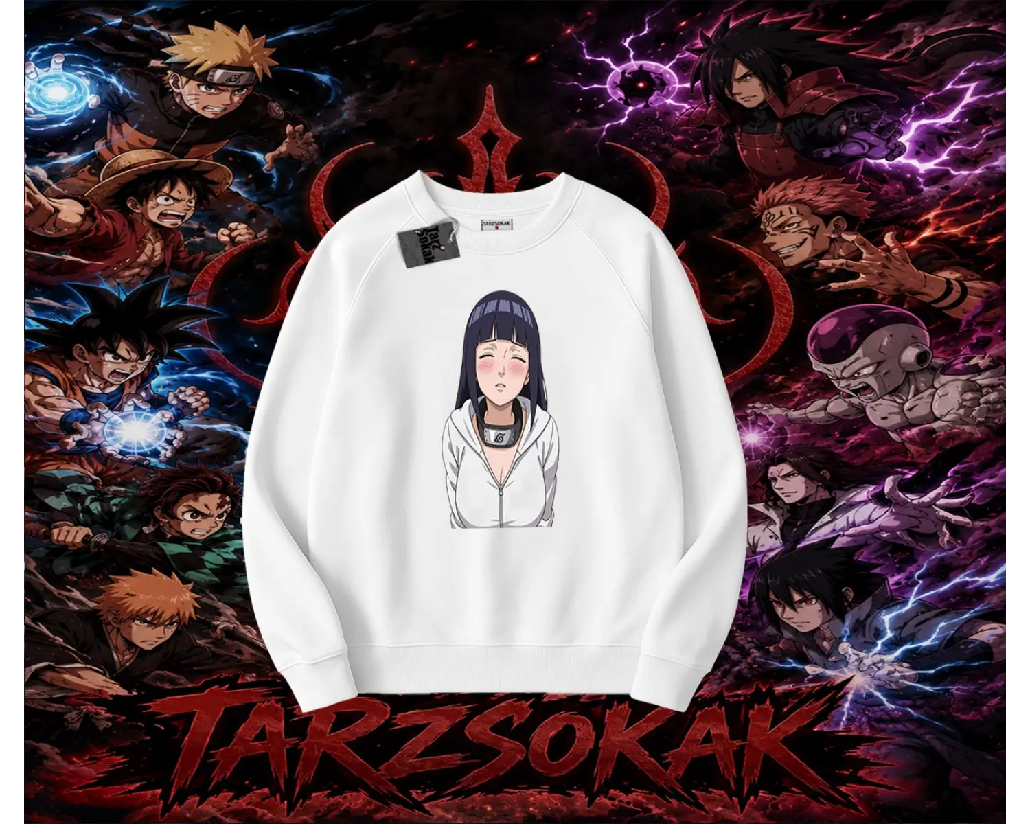 Hinata Hyuga Naruto Anime Karakteri Oversize Unisex Bisiklet Yaka Sweatshirt Beyaz