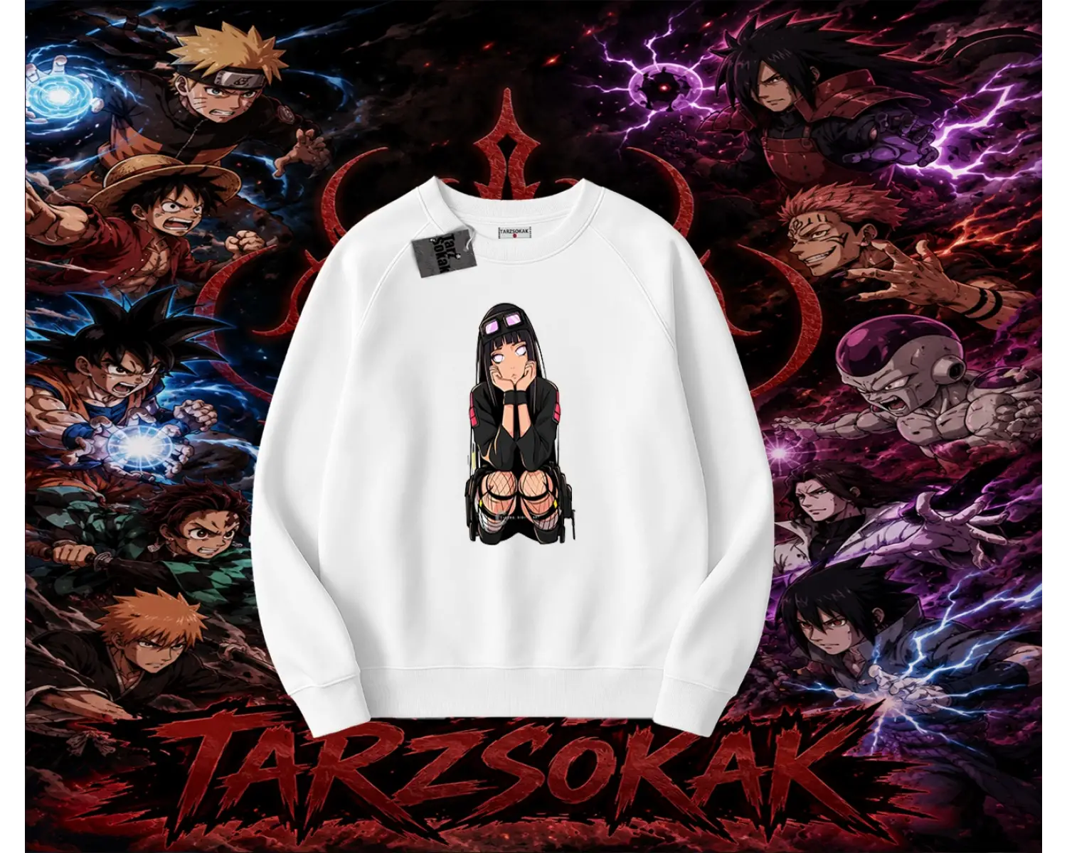 Hinata Hyuga Naruto Anime Karakteri Oversize Unisex Bisiklet Yaka Sweatshirt Beyaz