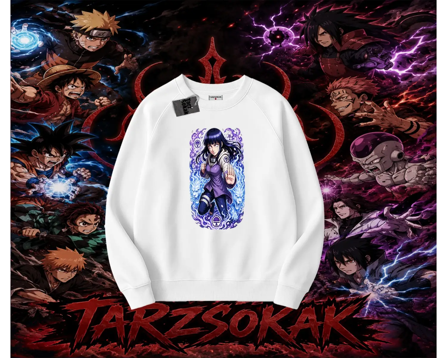 Hinata Hyuga Naruto Anime Karakteri Oversize Unisex Bisiklet Yaka Sweatshirt Beyaz