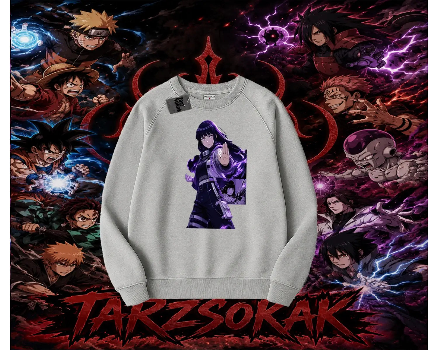 Hinata Hyuga Naruto Anime Karakteri Oversize Unisex Bisiklet Yaka Sweatshirt Beyaz