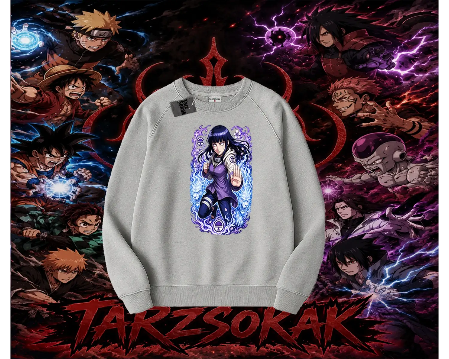 Hinata Hyuga Naruto Anime Karakteri Oversize Unisex Bisiklet Yaka Sweatshirt Beyaz