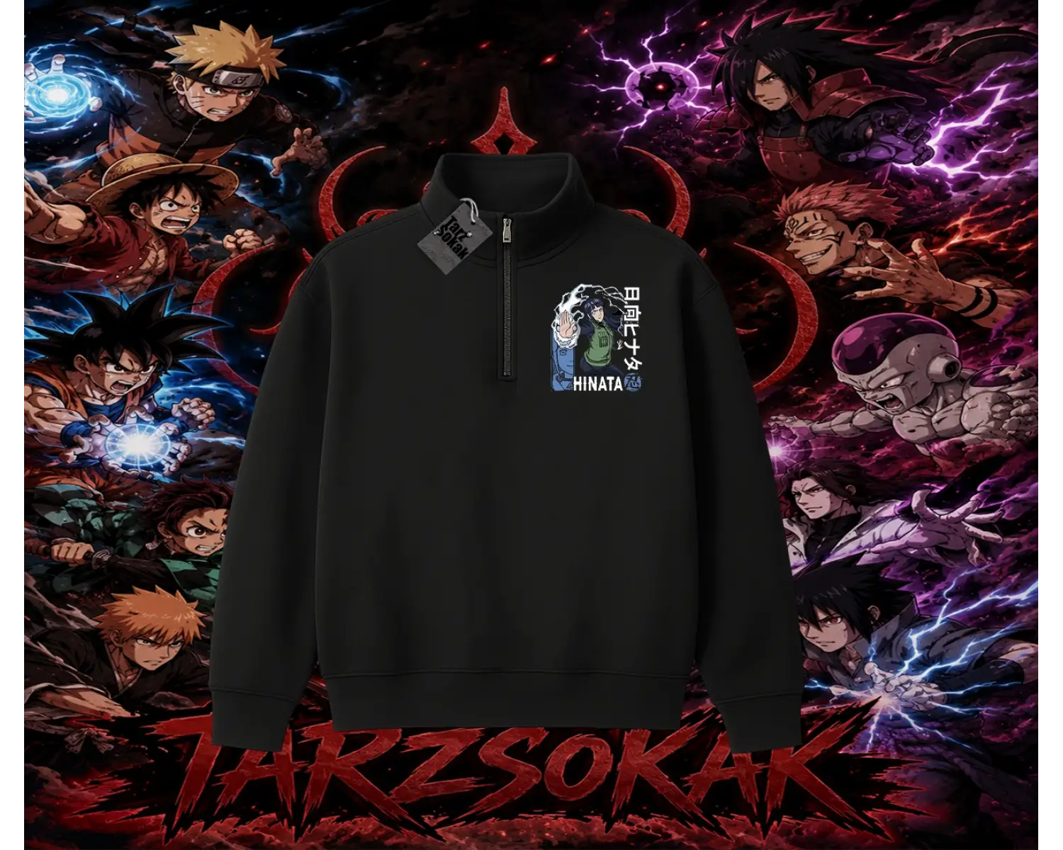 Hinata Hyuga Naruto Anime Karakteri Unisex Polo Yaka Yarım Fermuarlı Sweatshirt Beyaz