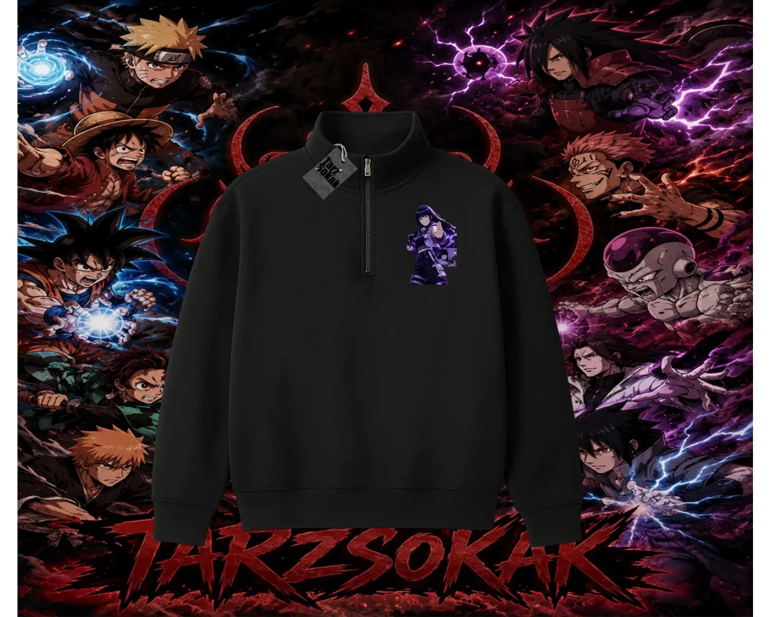 Hinata Hyuga Naruto Anime Karakteri Unisex Polo Yaka Yarım Fermuarlı Sweatshirt Beyaz