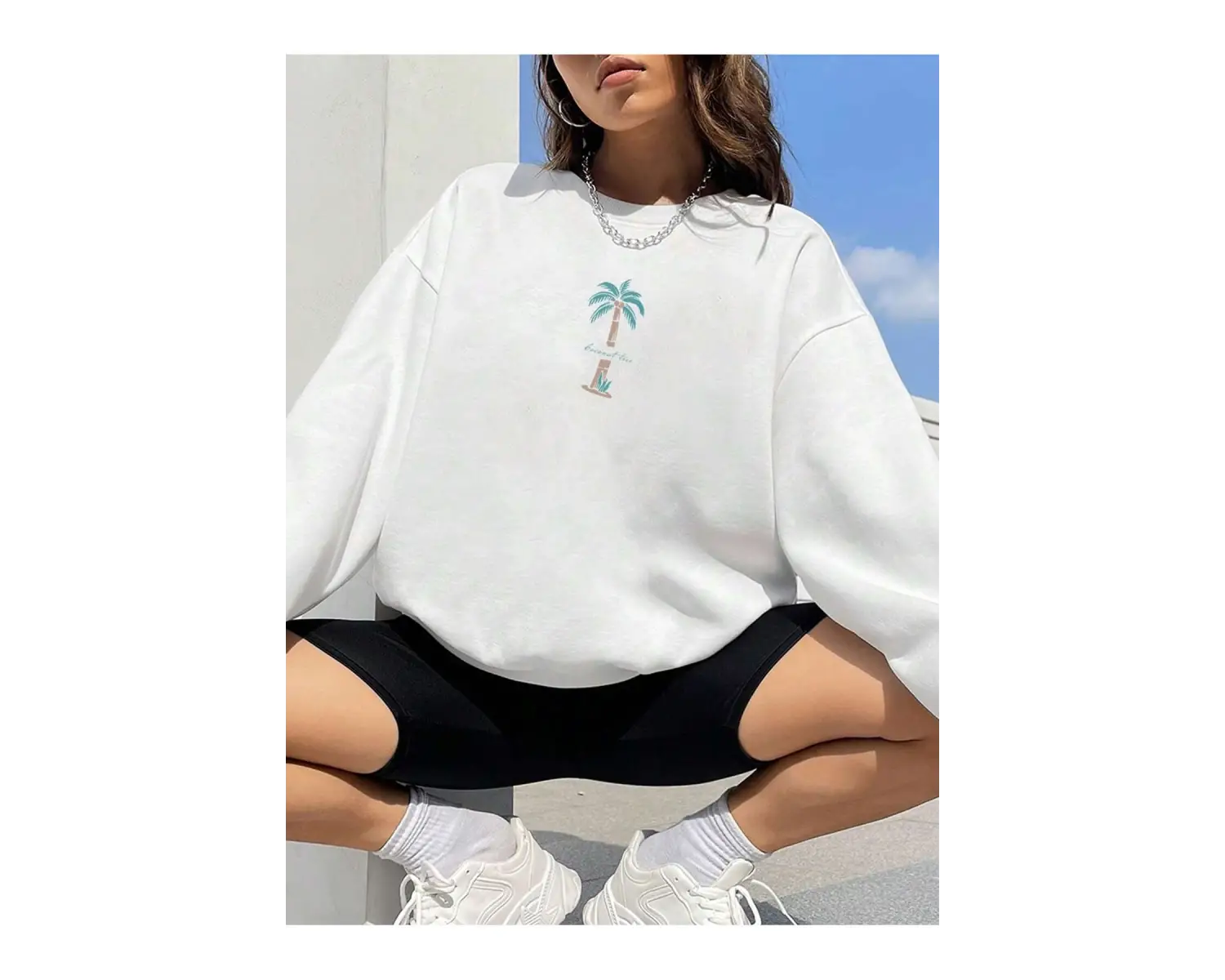 Hindistan Cevizi Ağacı Desenli Sweat Beyaz