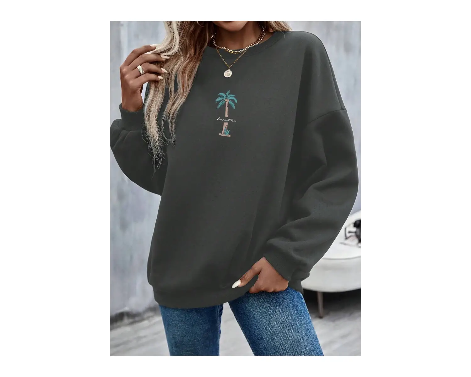 Hindistan Cevizi Ağacı Desenli Sweat Beyaz