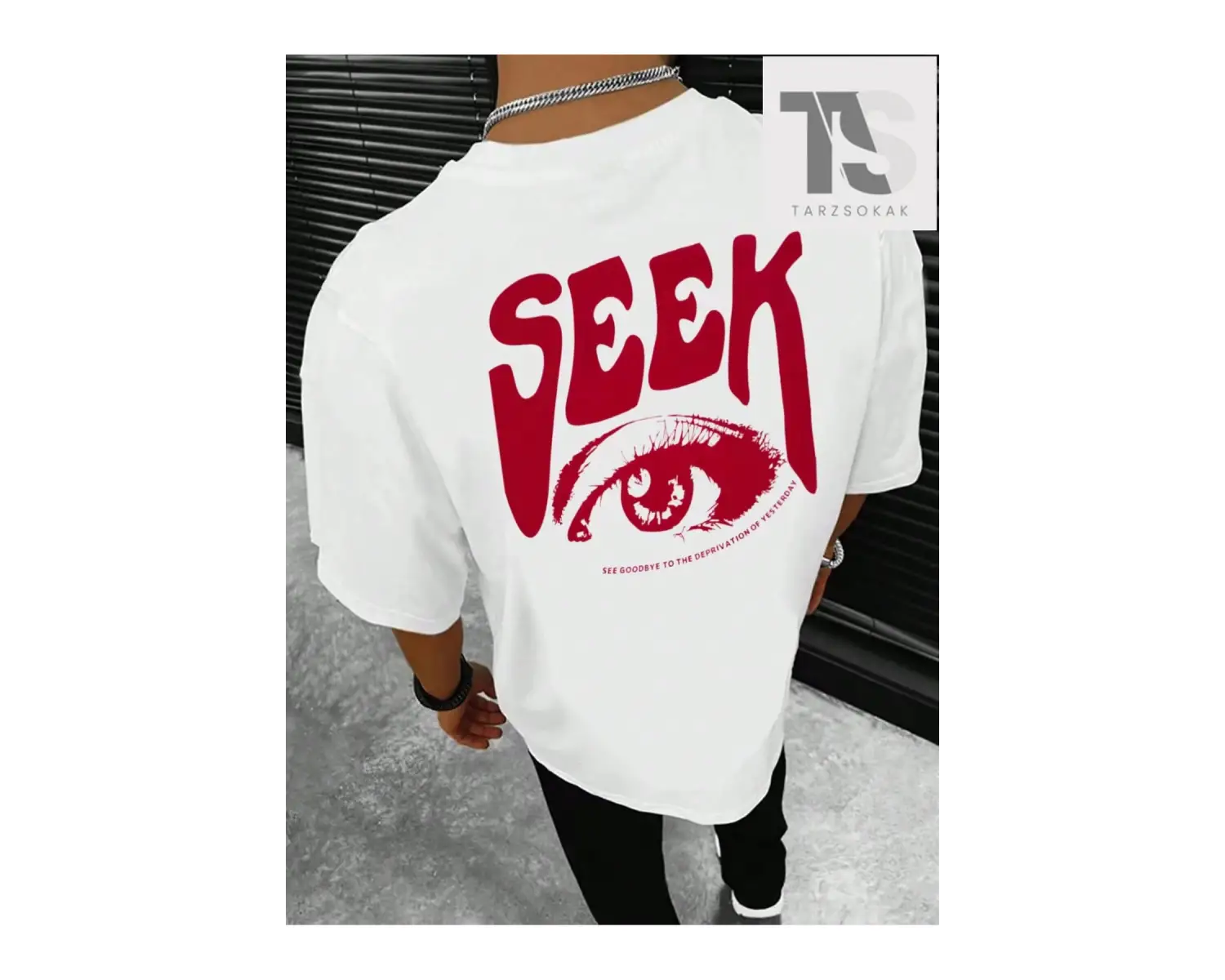 Homme Erkek Göz ve Slogan Grafikli Düşük Omuz Tişörtü