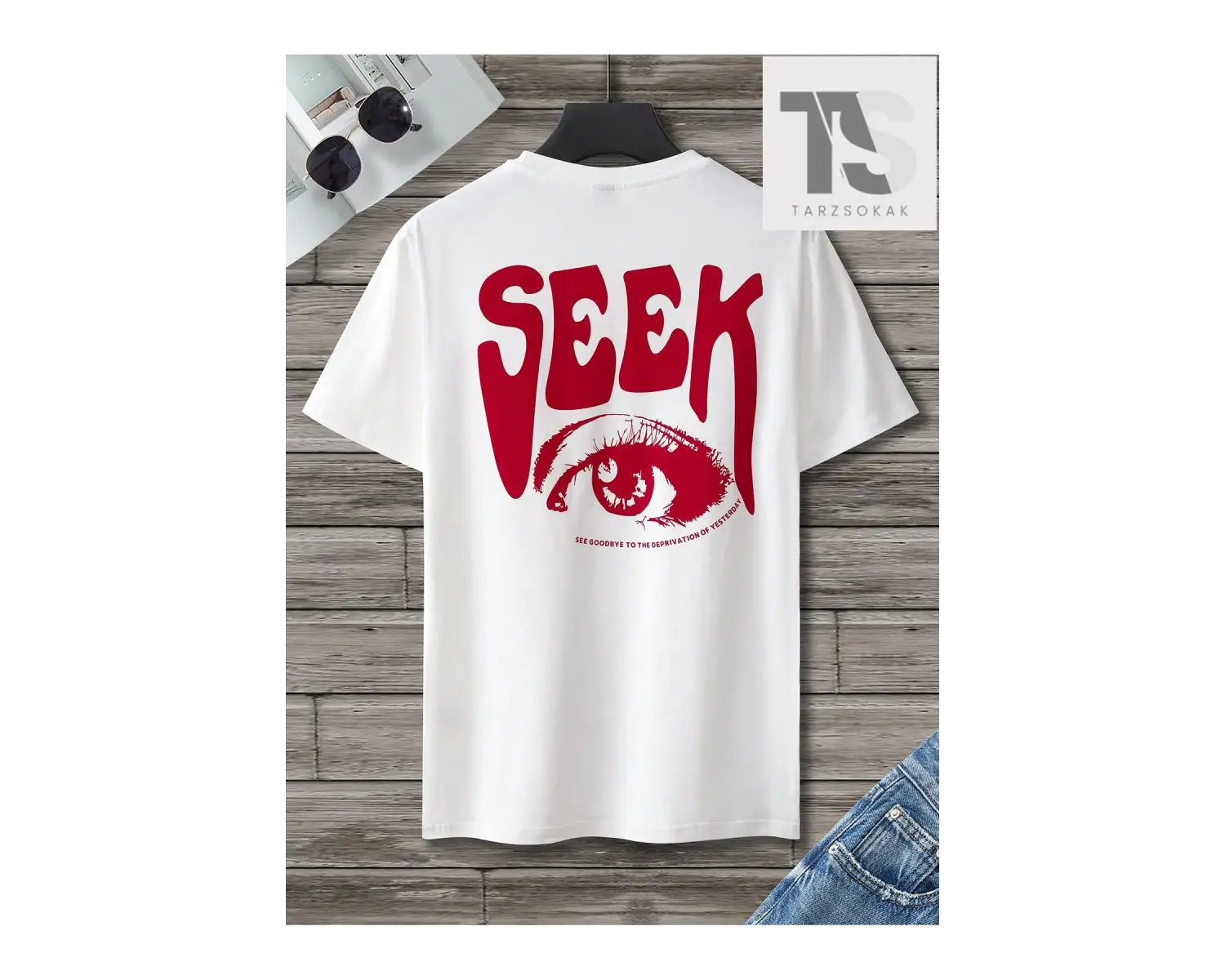 Homme Erkek Göz ve Slogan Grafikli Düşük Omuz Tişörtü