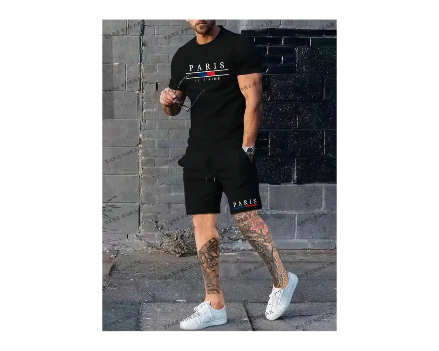 Homme Erkek Mektup Grafikli Tişört ve İpli Bel Şort Takım