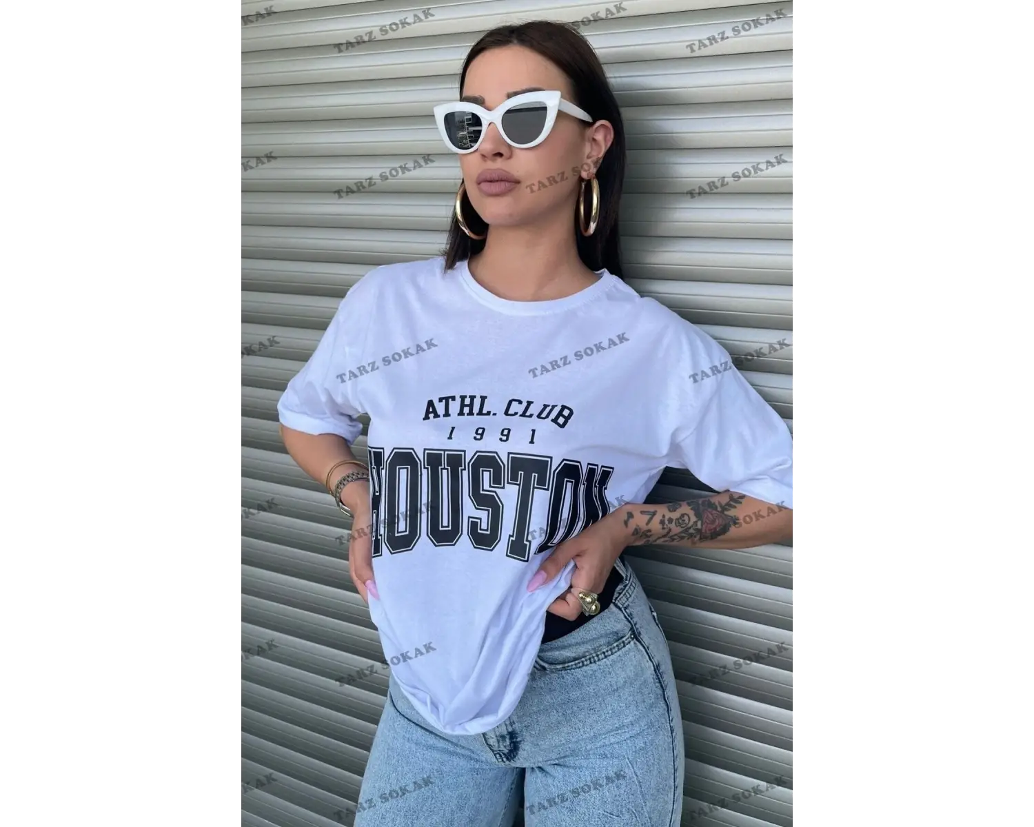 Houston Baskılı Kadın Oversize Beyaz