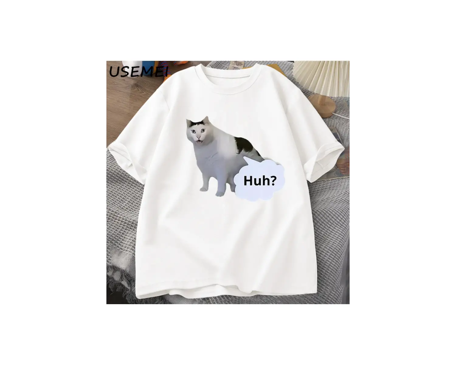 Huh Kedi Komik Meme T Shirt Erkek Kadın Absurd Weirdcore T-Shirt Rahat Yuvarlak Boyun Pamuk K 3031