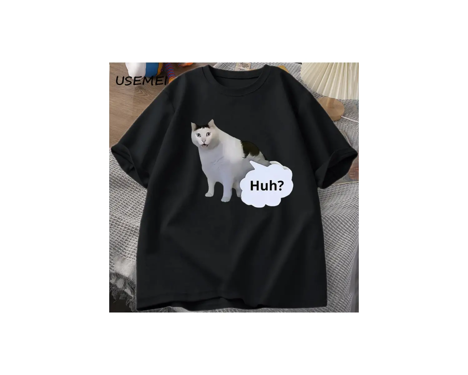 Huh Kedi Komik Meme T Shirt Erkek Kadın Absurd Weirdcore T-Shirt Rahat Yuvarlak Boyun Pamuk K 3031