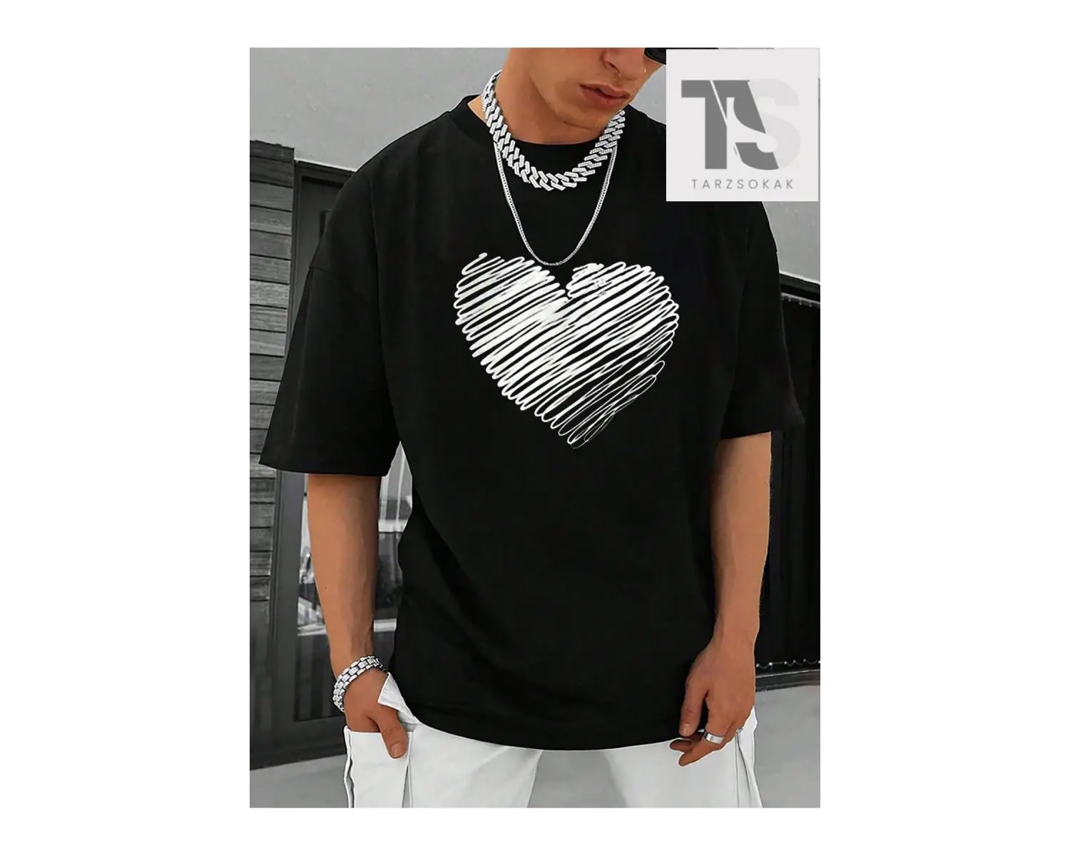 Hypemode Düşük Omuzlu Siyah Triko Yuvarlak Yaka Oversize Erkek Tişört