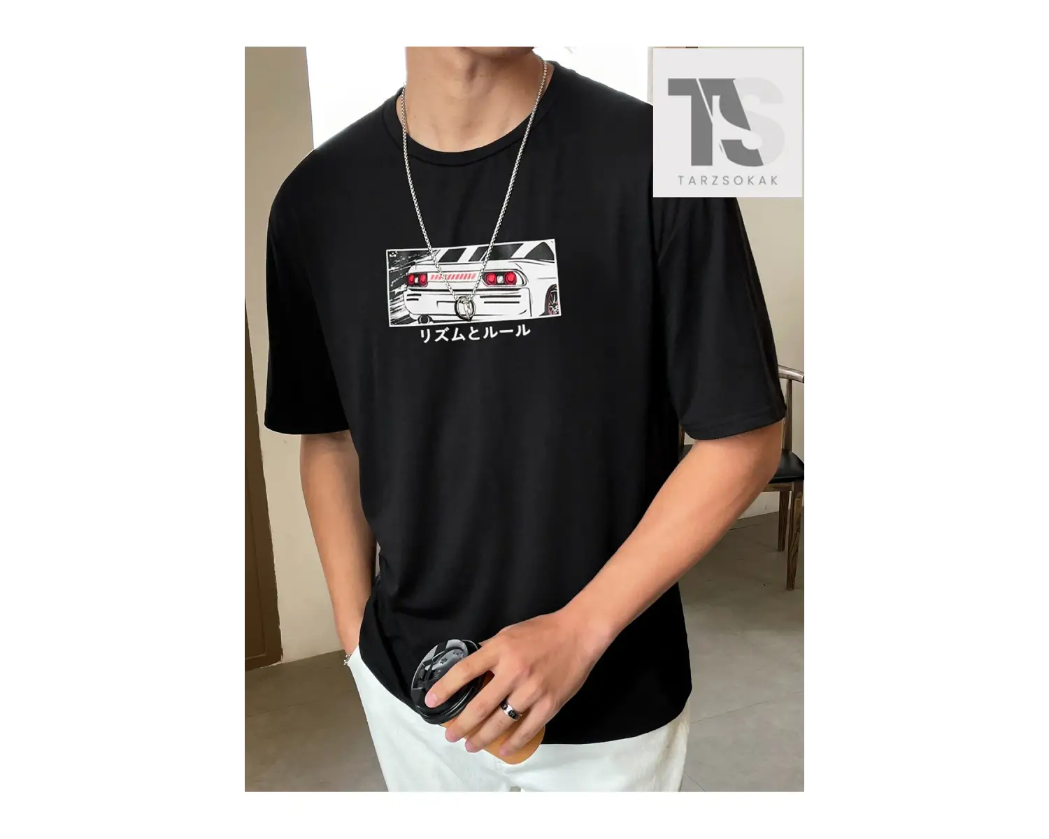 Hypemode Erkek Japon Mektup ve Araba Baskılı Tişört