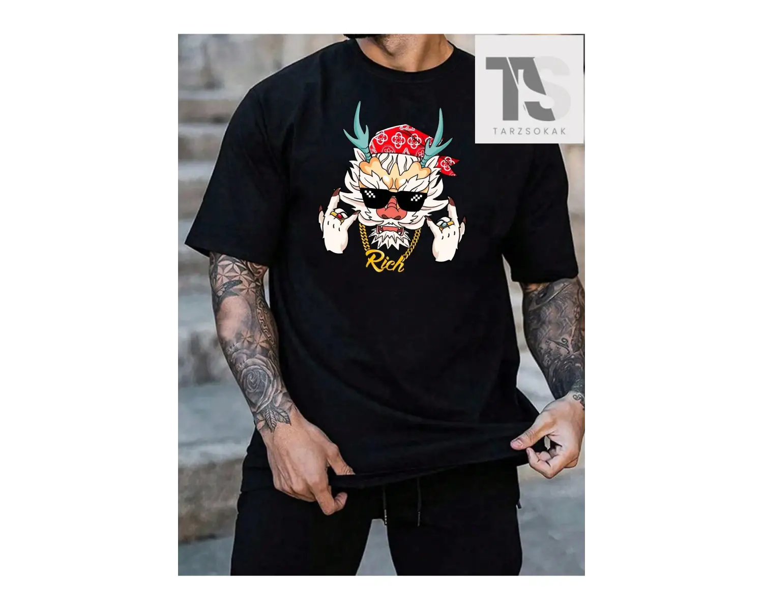 Hypemode Erkek Karikatür Baskılı Kısa Kollu Yuvarlak Yaka Tişört