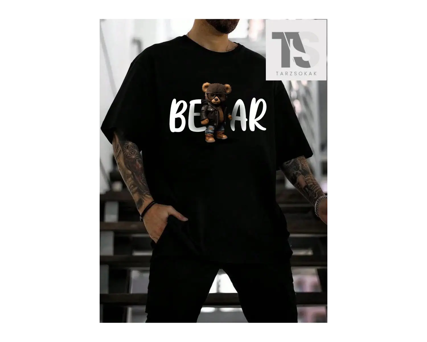 Hypemode Erkek Karikatür Yüz Yuvarlak Yaka Damla Omuz Kol Tişört