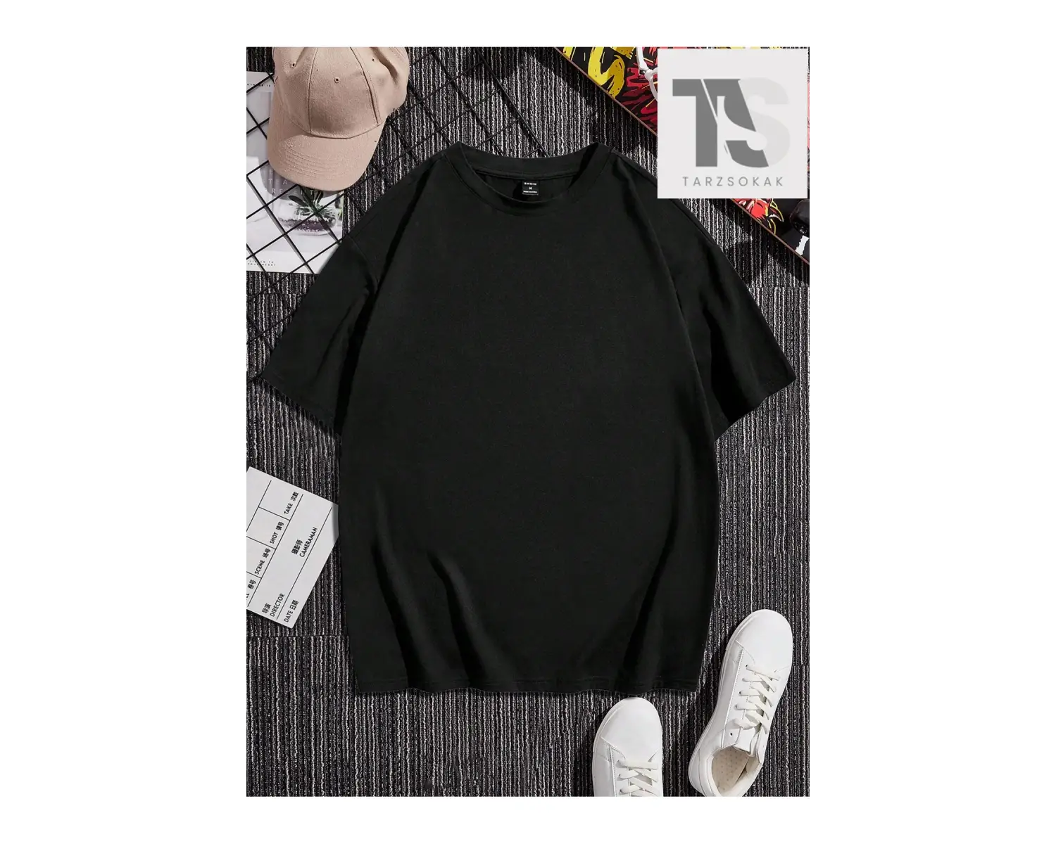 Hypemode Erkek Siyah Örme Düşük Omuz Yuvarlak Yaka Tişört