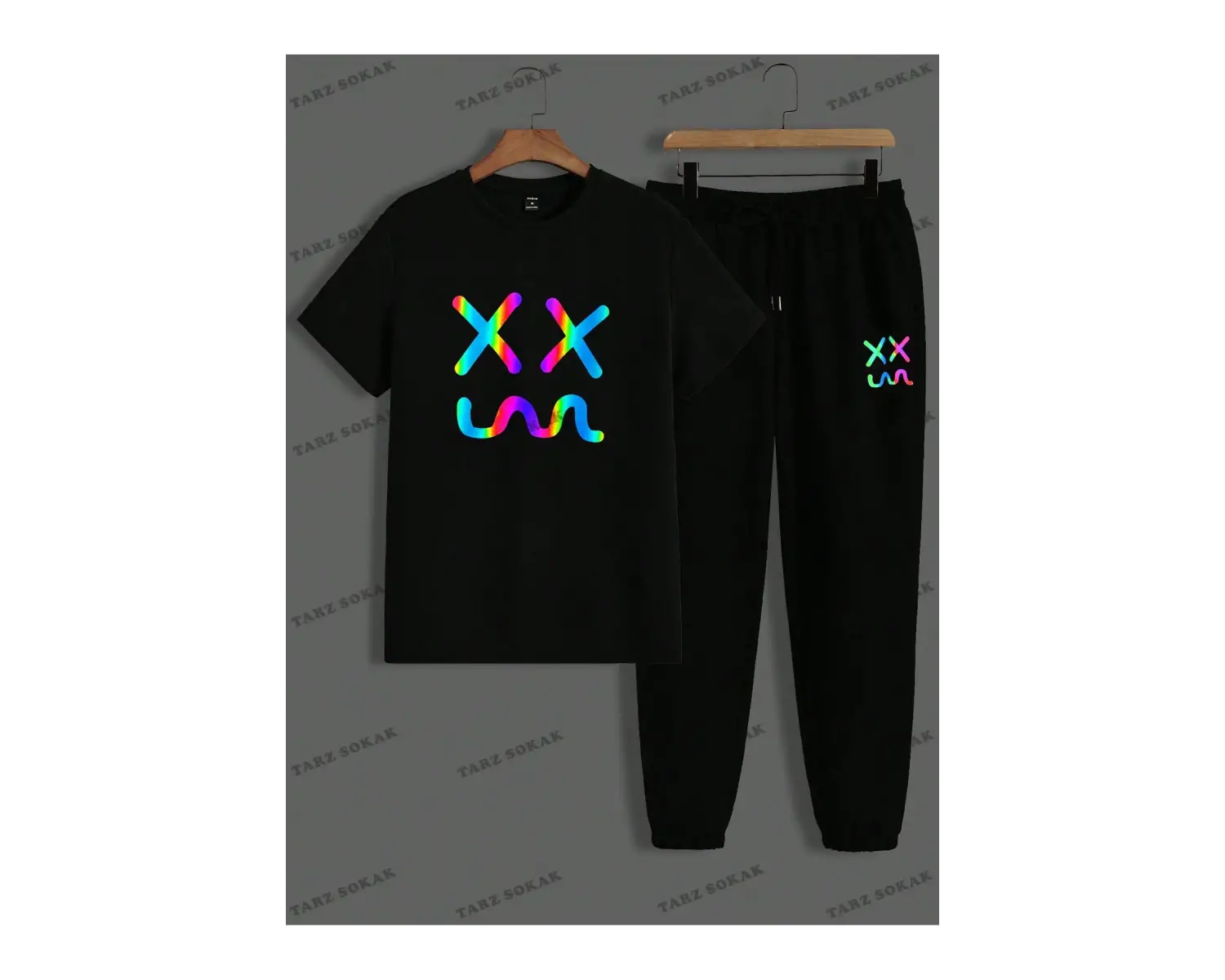 Hypemode Örme Günlük Baskılı Kısa Kollu Üst ve Uzun Pantolon Takım