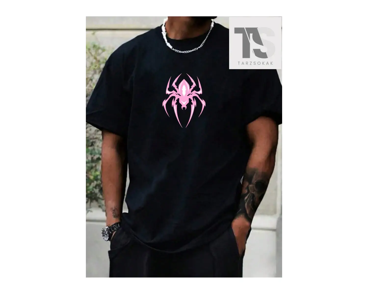 Hypemode Örümcek Desenli Yuvarlak Yaka Kısa Kollu Erkek Tişört