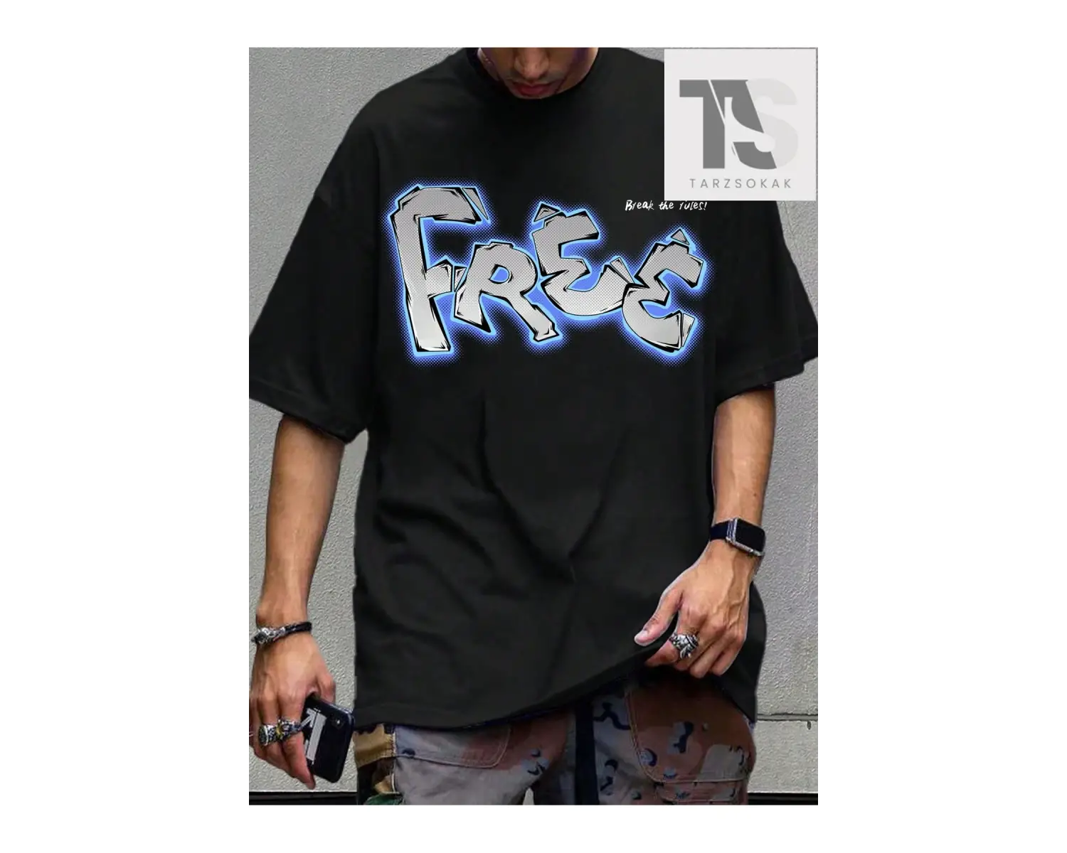 Hypemode Sloganlı Siyah Örgü Yuvarlak Yaka Kısa Kollu Erkek Tişört