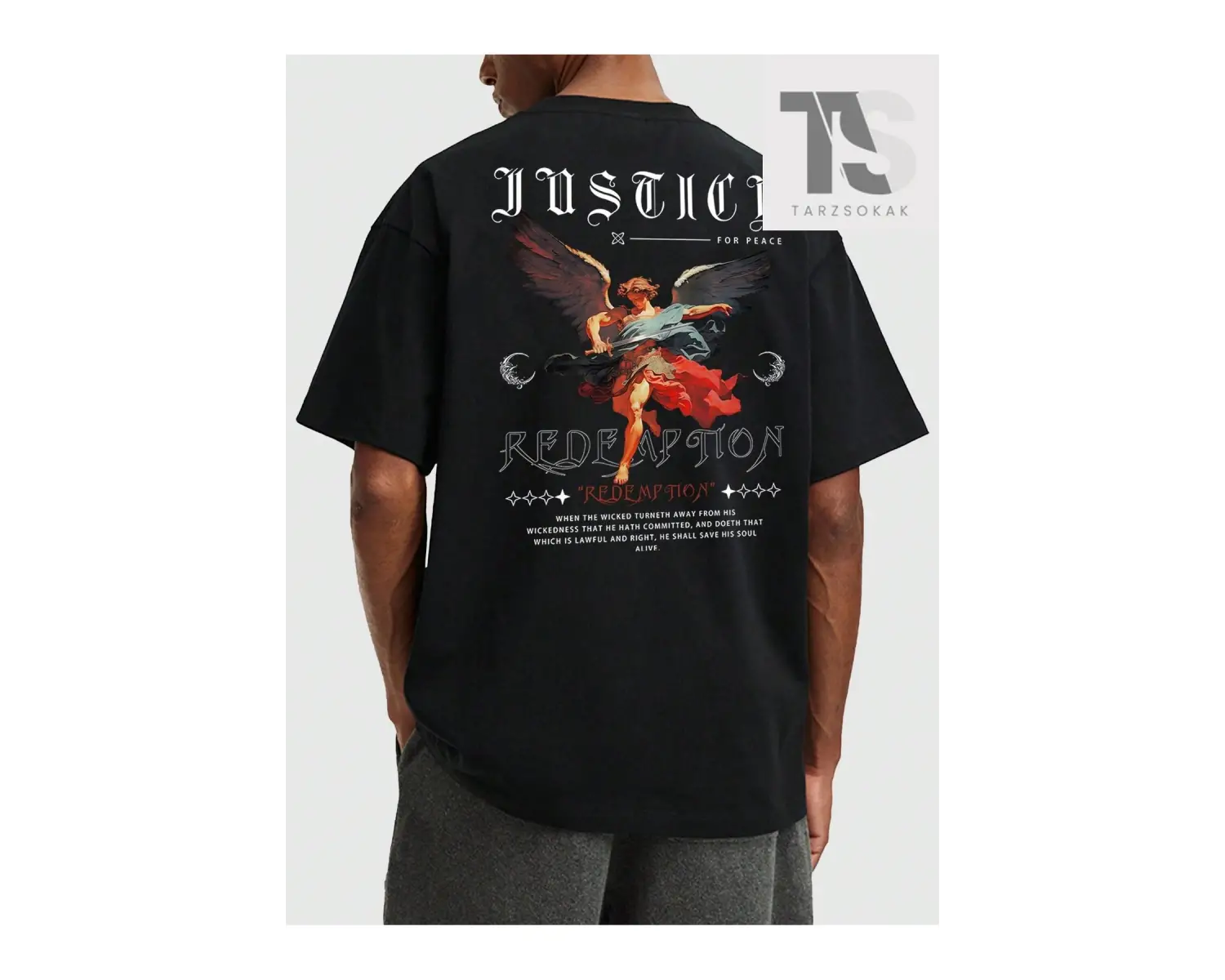 Hypemode Yuvarlak Yaka, Melek Baskılı ve Sloganlı Siyah Kısa Kollu Triko Erkek Tişö