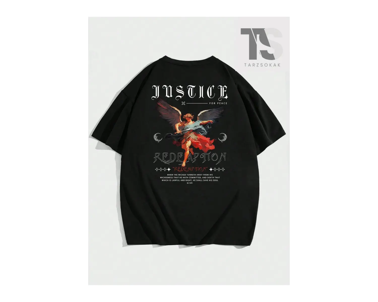 Hypemode Yuvarlak Yaka, Melek Baskılı ve Sloganlı Siyah Kısa Kollu Triko Erkek Tişö