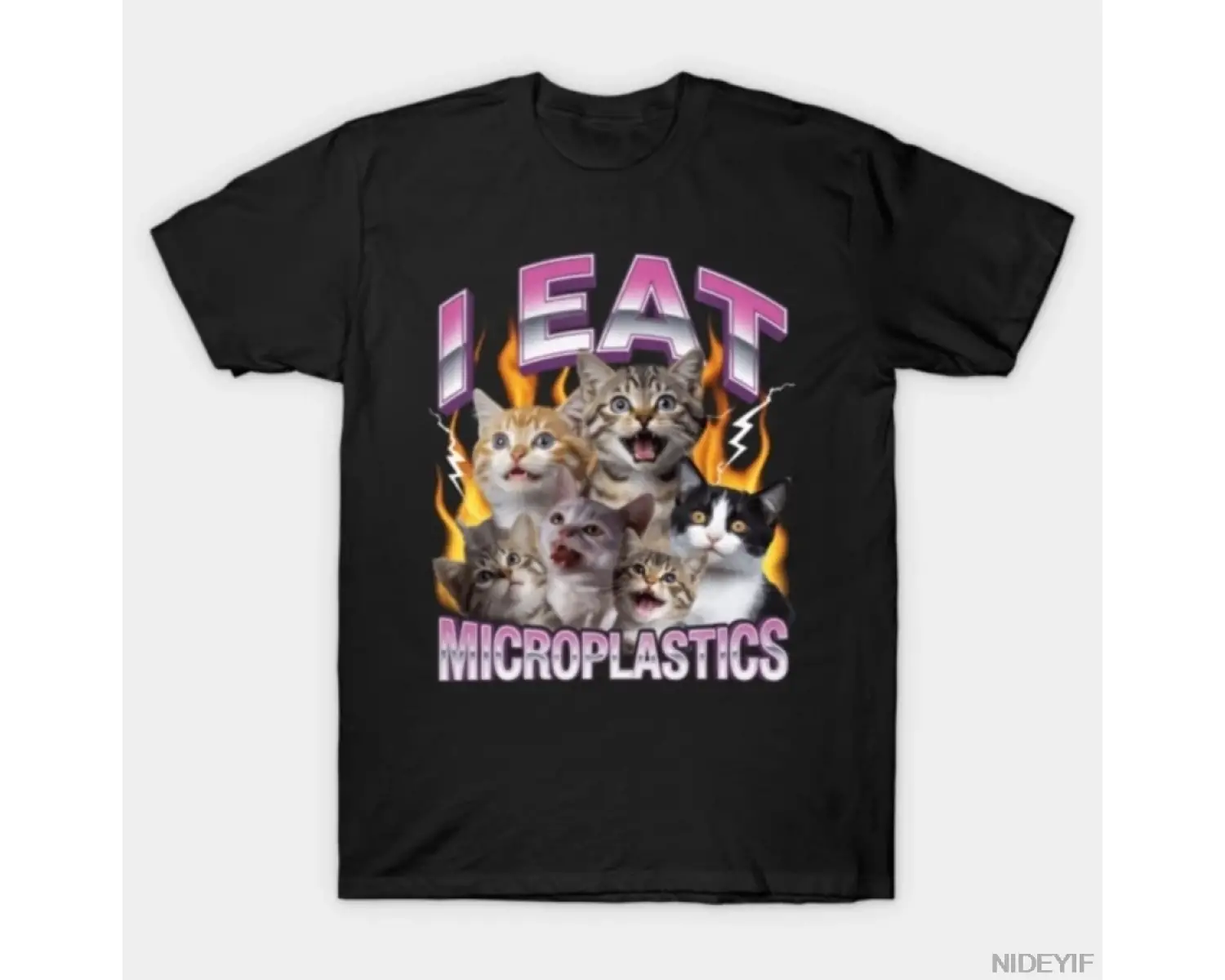 I Eat Cats Meme with Fire and Lightning T-shirt Erkekler Kadınlar için %100 Pamuklu Tişörtler